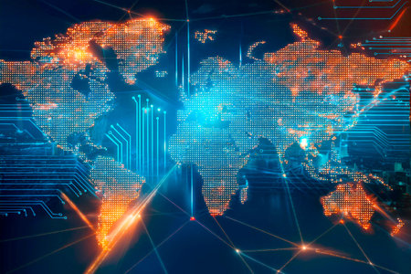 World map showing international connections and data flow