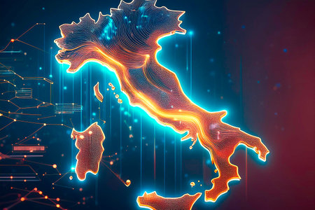 Italy map showing international connections and data flowの写真素材