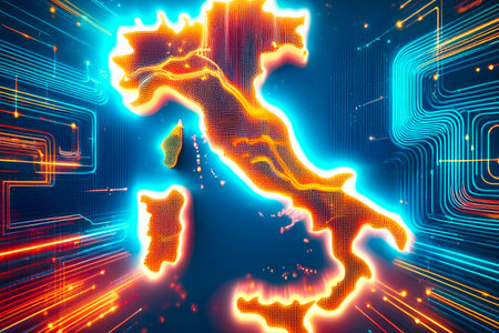 Italy map showing international connections and data flowの写真素材
