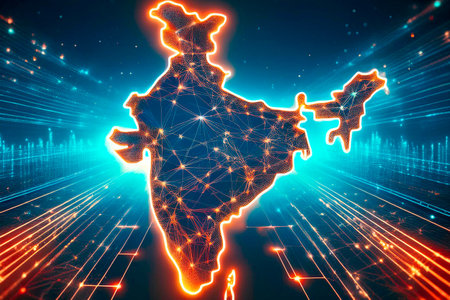 India map showing international connections and data flowの写真素材