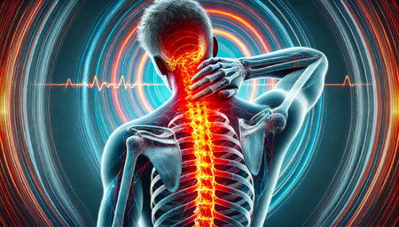 Man suffering from neck pain, highlighted spine and red spot indicating pain