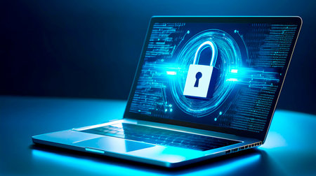 Cyber security concept. Laptop with padlock icon on screen