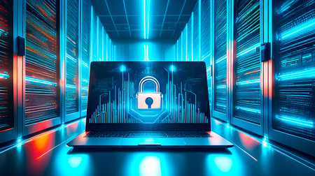 Laptop showing security lock and data protection on screen