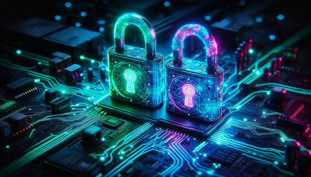 Padlocks protecting electronic circuit board symbolizing cybersecurity