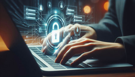 Businessman working on laptop and protecting data with cyber security system