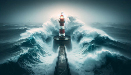 Lighthouse illuminates the darkness, guiding ships through a tempestuous ocean