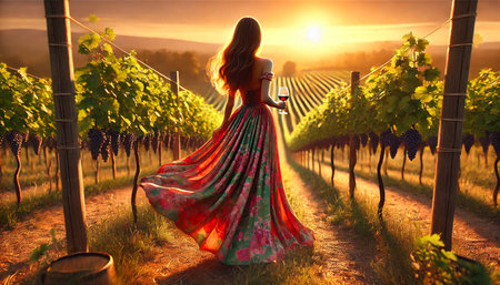 Young woman holding a glass of red wine enjoying the sunset over the vineyardsの写真素材