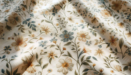 Floral chintz fabric folded on a surface, creating soft wrinkles and highlighting the delicate...