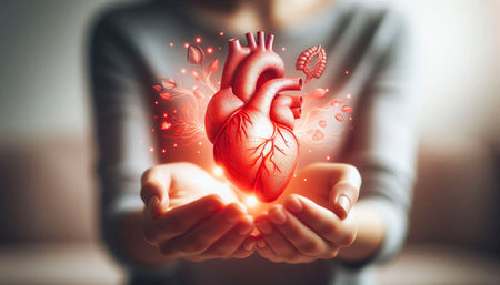 A realistic 3D-rendered human heart held in hands, symbolizing life, cardiology, healthcare,...