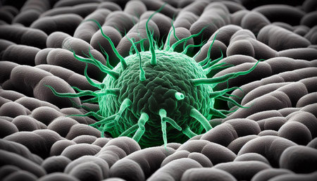 A highly detailed microscopic view of bacteria, representing microbiology, infections, science, biotechnology, disease research, and microbial life in healthcareの写真素材