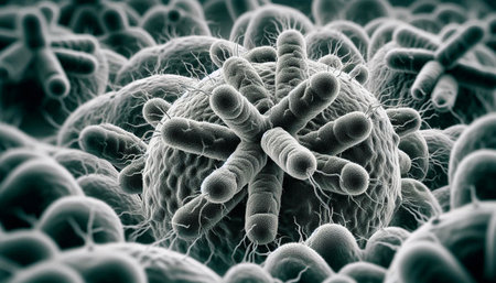 A highly detailed microscopic view of bacteria, representing microbiology, infections, science,...