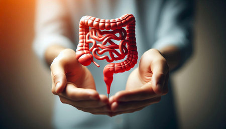 A highly detailed and realistic 3D-rendered image depicting a human digestive system, including the stomach, intestines, and colon, carefully held in a person's handsの写真素材