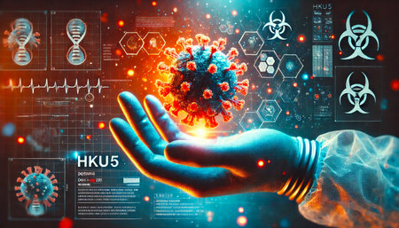 Futuristic HKU5 virus in a gloved hand â scientific research and virology conceptの写真素材