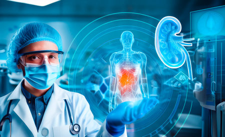 Conceptual image of dialysis, organ donation, and kidney health with doctor and technologyの写真素材