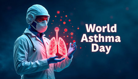 World Asthma Day. Doctor in medical mask with stethoscope.の写真素材