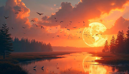 Beautiful landscape with full moon, lake, forest and flying birds at sunsetの写真素材