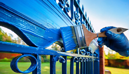 Close-up of a worker's gloved hand painting a metal fence with a fresh coat of blue paint