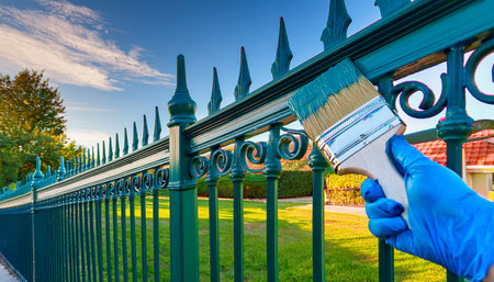 Close-up of a gloved hand painting an intricate wrought iron fence with fresh green paintの写真素材