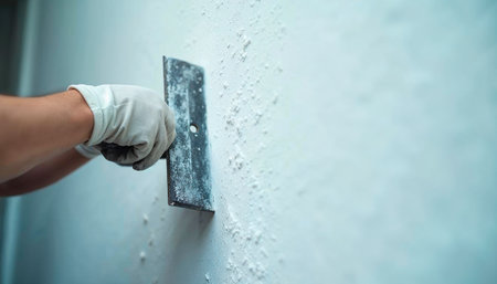 Close-up of a worker applying plaster on a wall using a trowel.の写真素材