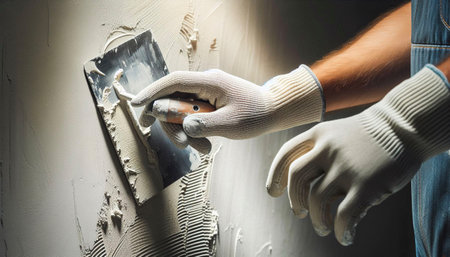 Detailed close-up of a worker spreading plaster on a wall using a trowelの写真素材