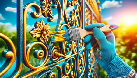 Close-up of a gloved hand painting a decorative metal fence with vibrant yellow and blue paintの写真素材