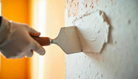 Close-up of a worker applying plaster on a wall using a trowel.の写真素材