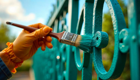 Close-up of a gloved hand painting an intricate wrought iron fence with fresh green paintの写真素材