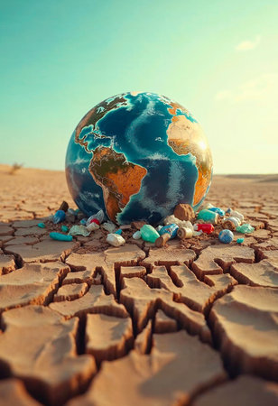 Planet Earth on cracked soil with Earth Day message, symbolizing climate changeの写真素材