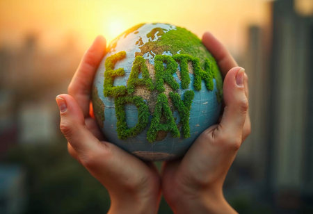 Planet Earth on cracked soil with Earth Day message, symbolizing climate changeの写真素材