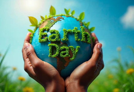 Planet Earth with Earth Day message, symbolizing climate changeの写真素材