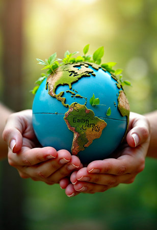 Planet Earth with Earth Day message, symbolizing climate changeの写真素材