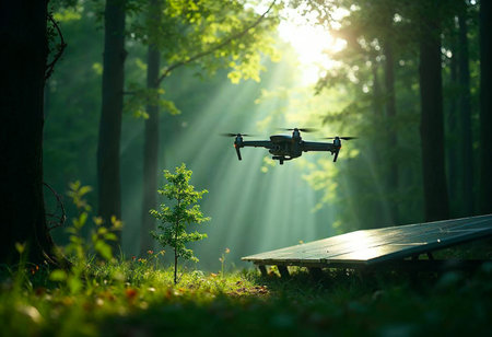 A sapling thrives under green-tech monitoring in a sustainable forest sceneの写真素材