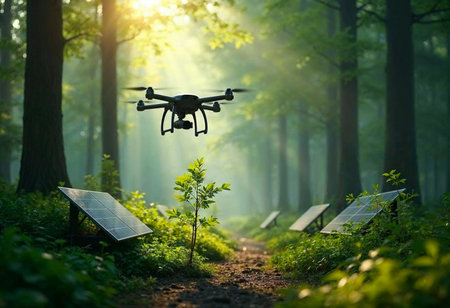 A sapling thrives under green-tech monitoring in a sustainable forest sceneの写真素材