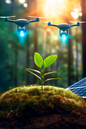 A sapling thrives under green-tech monitoring in a sustainable forest sceneの写真素材