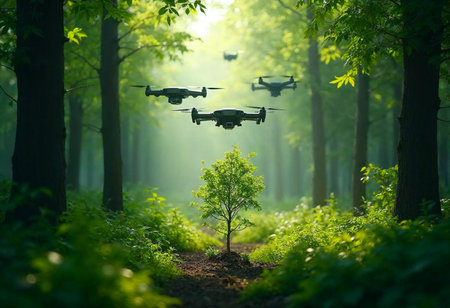 A sapling thrives under green-tech monitoring in a sustainable forest sceneの写真素材
