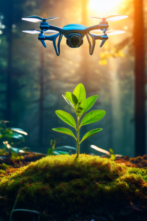 A sapling thrives under green-tech monitoring in a sustainable forest sceneの写真素材