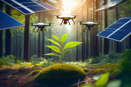 A sapling thrives under green-tech monitoring in a sustainable forest sceneの写真素材