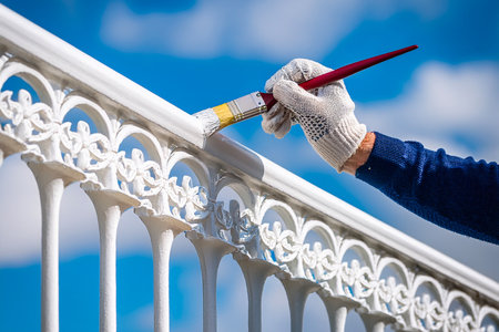 Home Renovation Concept: Painting an Ornate Balcony Railing in Bright Daylightの写真素材