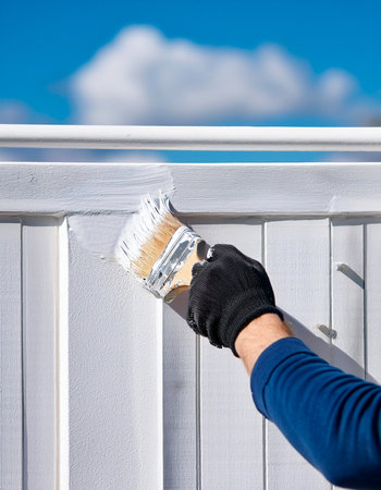 Home Renovation Concept: Painting an Ornate Balcony Railing in Bright Daylightの写真素材