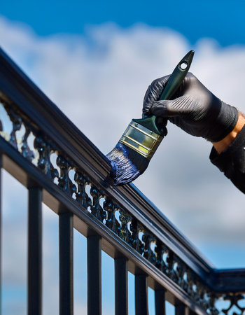 Home Renovation Concept: Painting an Ornate Balcony Railing in Bright Daylightの写真素材