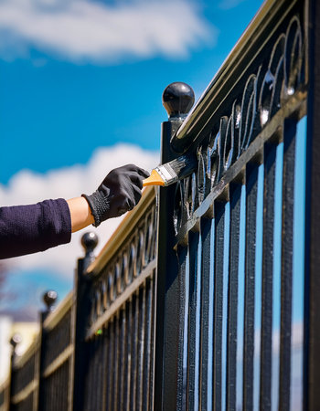 Home Renovation Concept: Painting an Ornate Balcony Railing in Bright Daylightの写真素材