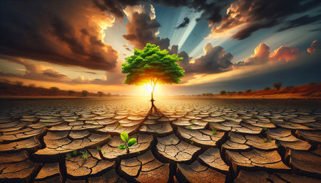 A single green tree thriving on dry cracked soil, symbolizing hope and Earth preservation