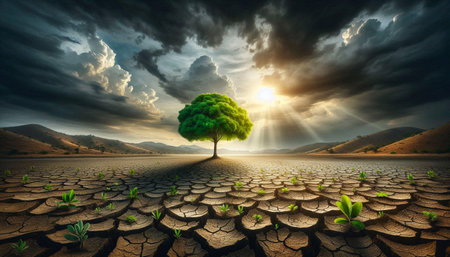 A single green tree thriving on dry cracked soil, symbolizing hope and Earth preservation