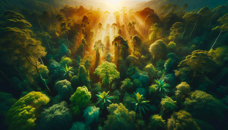 Dense green forest from above, sunlight filtering through trees, symbolizing Earth Day and conservationの写真素材