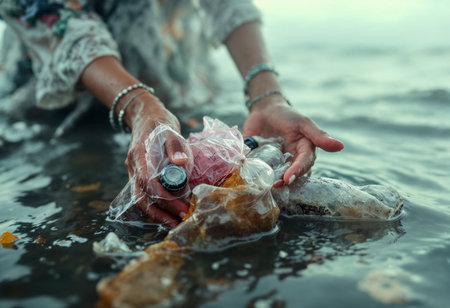 Human hands reaching above polluted ocean water, symbolizing environmental crisis and ocean pollution.の写真素材