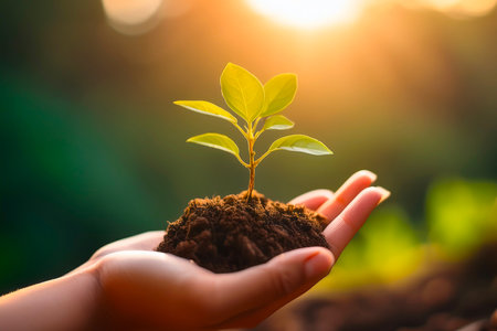 Hands nurturing a young plant in fertile soil, symbolizing growth and sustainabilityの写真素材
