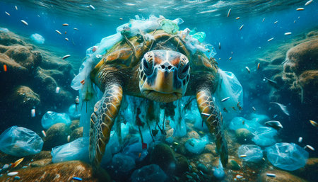 Turtle entangled in plastic underwater, highlighting ocean pollution for World Oceans Day