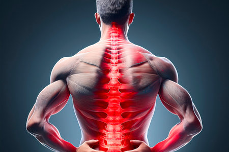 A realistic upper-body medical illustration of a man holding his lower back, showing lumbar inflammation with a red highlightの写真素材