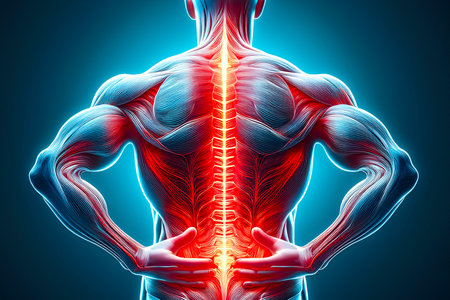A realistic upper-body medical illustration of a man holding his lower back, showing lumbar inflammation with a red highlightの写真素材