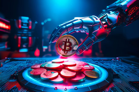 A hyper-realistic robotic hand stealing cryptocurrency coins and digital wallets in a dark futuristic cyber environment.の写真素材